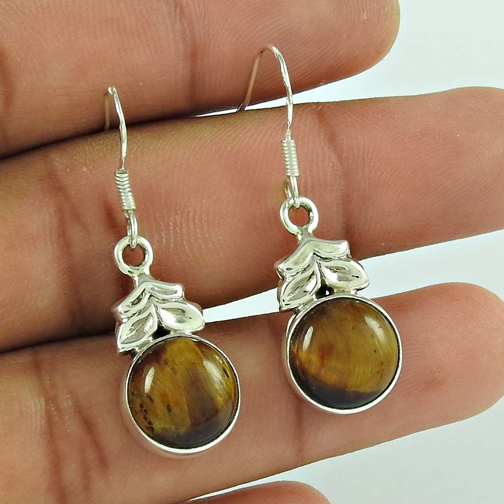 Natural Tiger'S Eye Gemstone Dangle Ethnic Brown Earrings 925 Silver E31