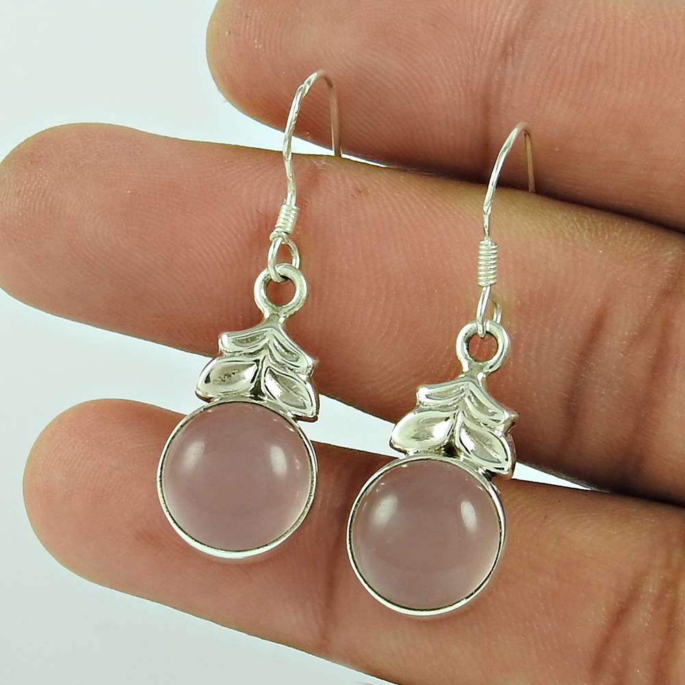 Gift For Women Dangle Ethnic Earrings 925 Silver Natural Rose Quartz J31