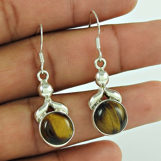 Natural Tiger'S Eye Gemstone Dangle Bohemian Earrings 925 Silver J5