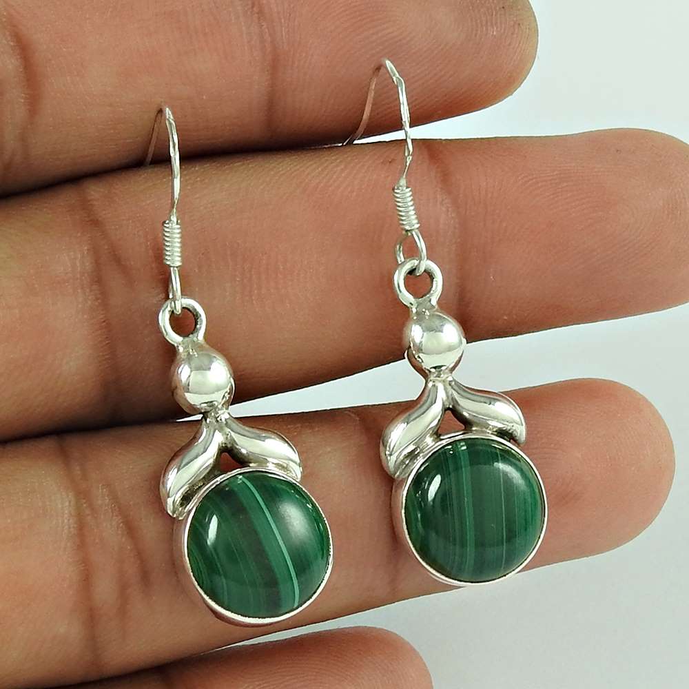 Woman Gift Natural Malachite Dangle Earrings 925 Silver U3