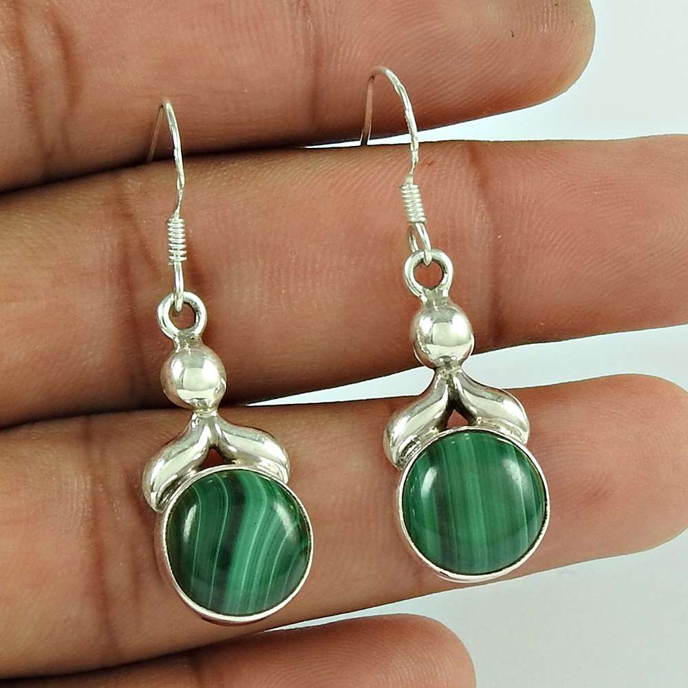 Gift For Women Dangle Bohemian Earrings 925 Silver Natural Malachite F21