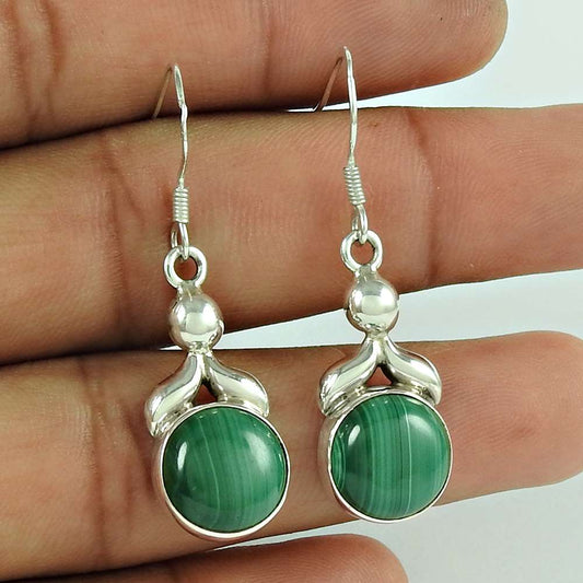 Gift For Her 925 Silver Natural Malachite Dangle Vintage Earrings A11