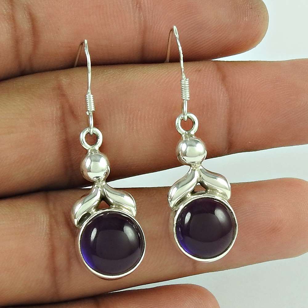 Natural Amethyst Gemstone 925 Silver Dangle Tribal Earrings For Girls V31