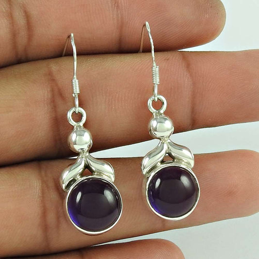 Natural Amethyst Gemstone 925 Silver Dangle Tribal Earrings For Girls V31