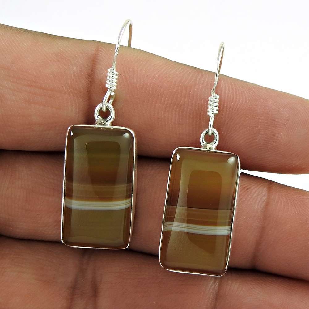 Natural Agate Gemstone Dangle Vintage Earrings 925 Silver For Women H32