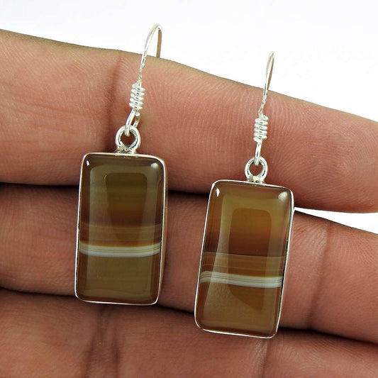 Natural Agate Gemstone Dangle Vintage Earrings 925 Silver For Women H32