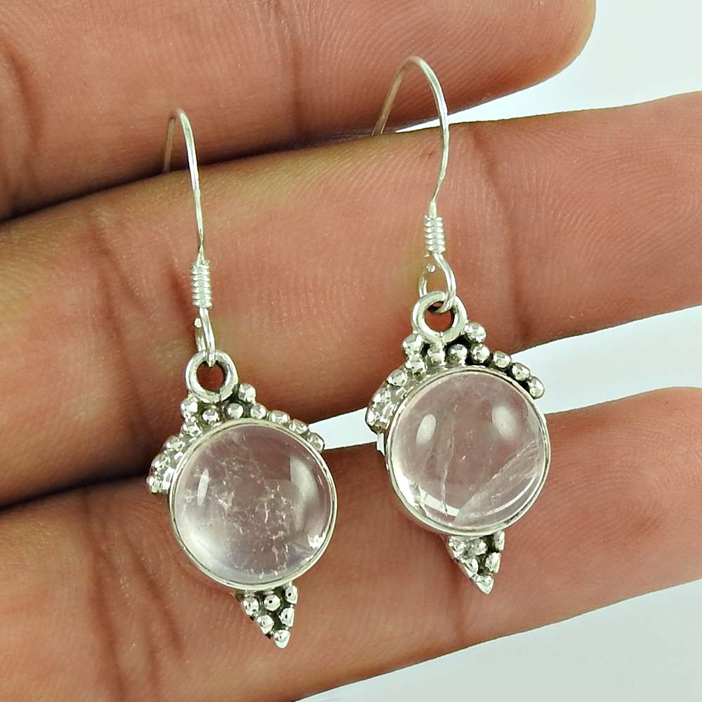 Gift For Her Natural Rose Quartz Dangle Bohemian Earrings 925 Silver O32