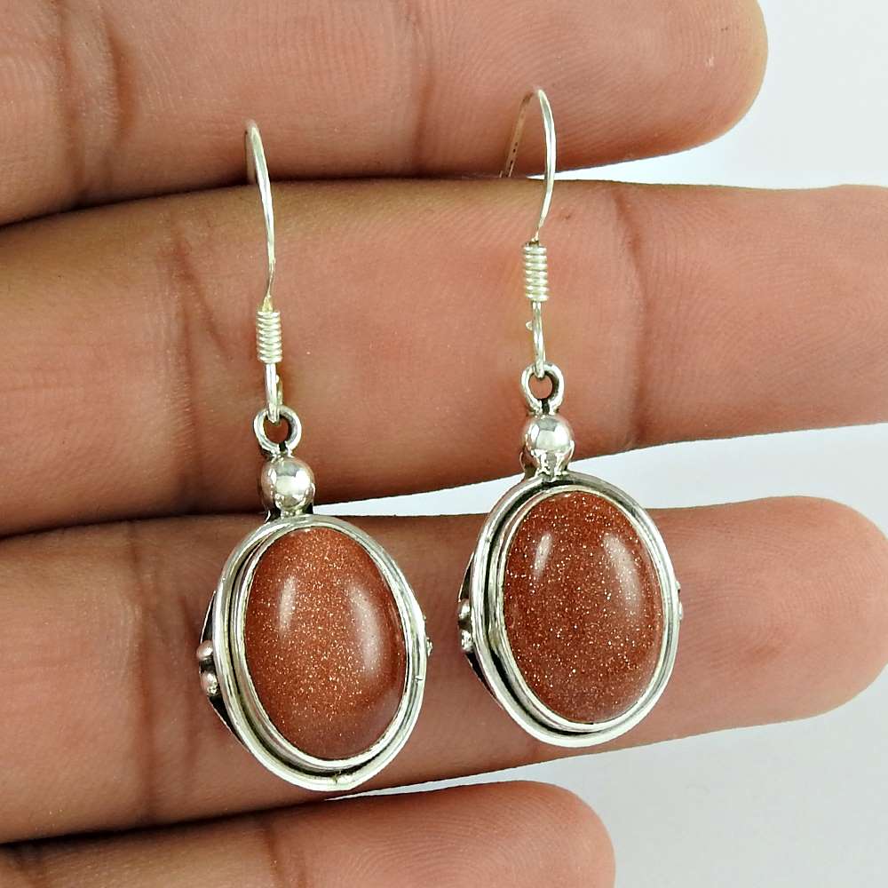 Natural Sunstone Gemstone Dangle Boho Red Earrings 925 Sterling Silver Q4