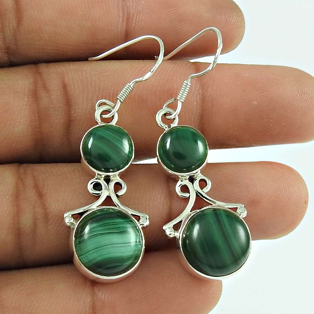 Lustrous Malachite Gemstone 925 Sterling Silver Fashion Dangle Earrings Jewellery
