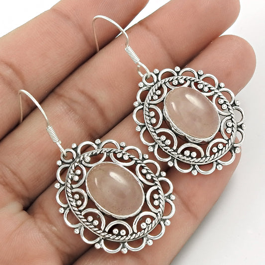 Natural Rose Quartz Gemstone Artisan Christmas Gift Earrings 925 Silver Q1