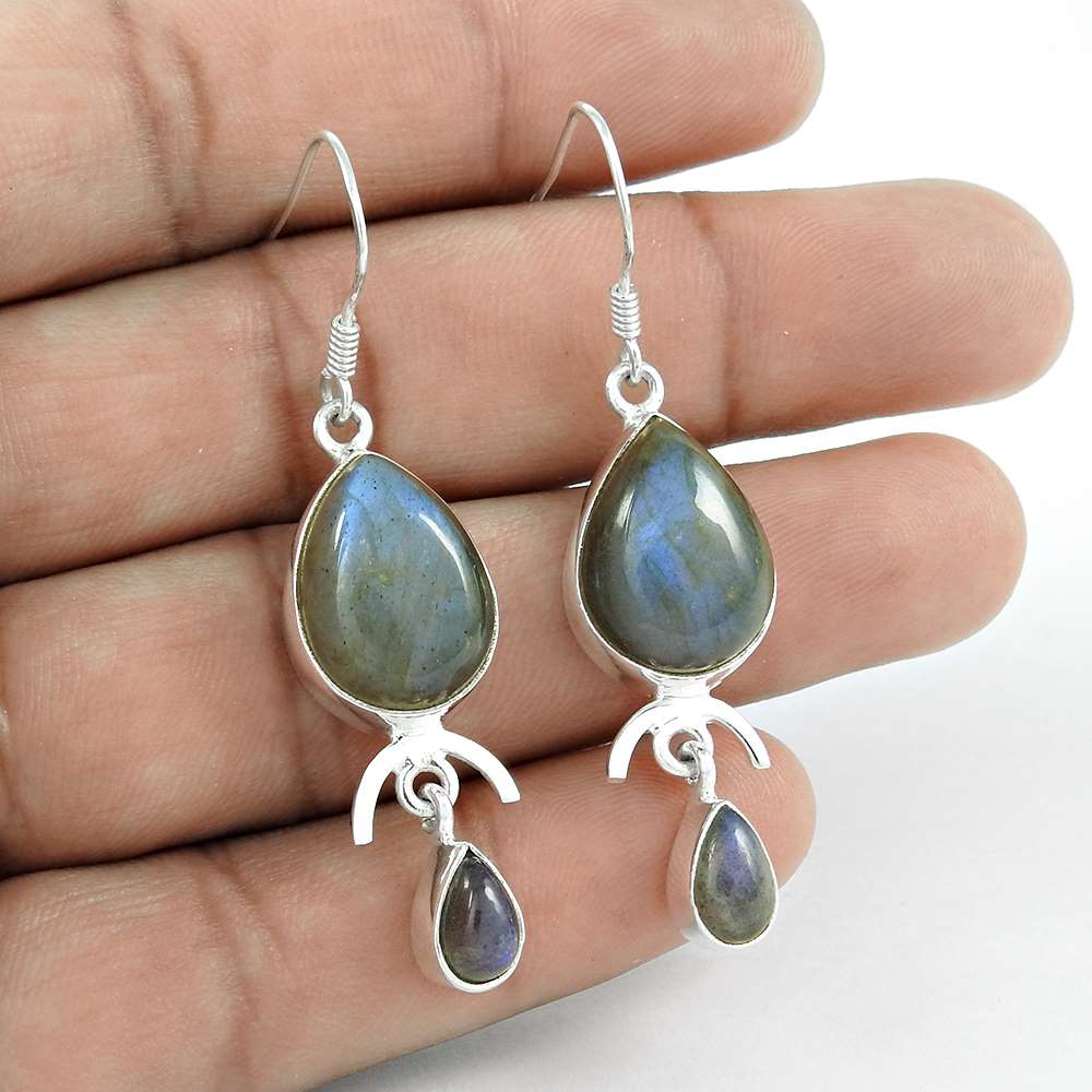 Natural Labradorite Gemstone Dangle Boho Blue Earrings 925 Silver M33