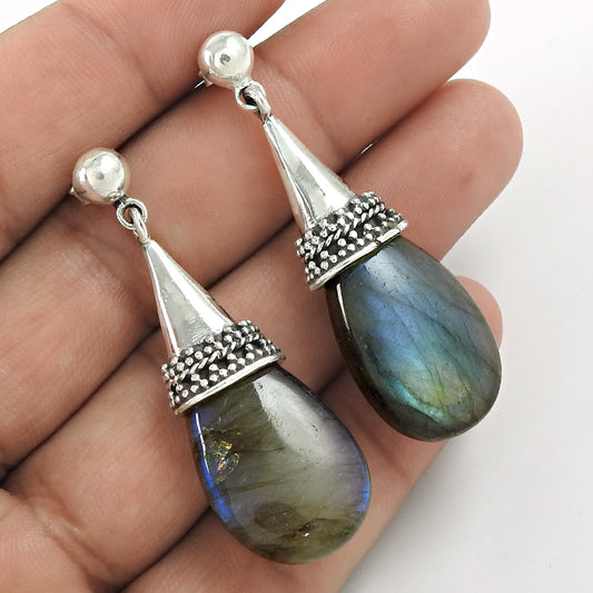 Christmas Gift 925 Silver Natural Labradorite Drop/Dangle Vintage Earrings O1