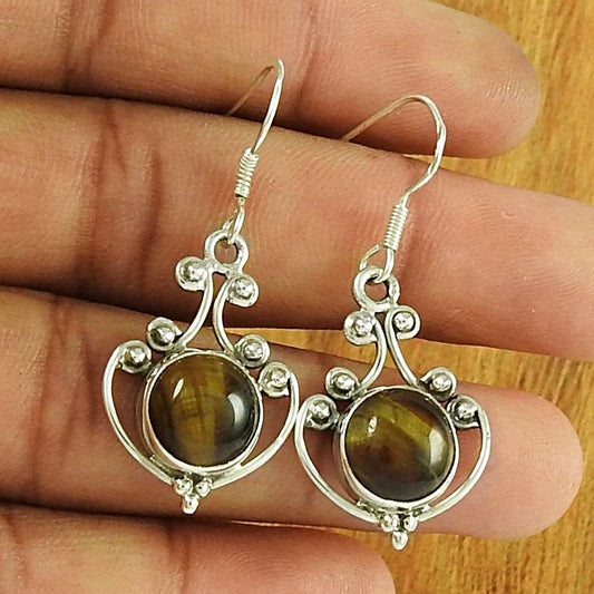 Lovely Tiger Eye Gemstone Indian Sterling Silver Earring 925 Jewellery