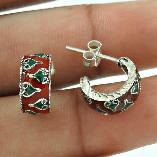 Handmade Indian Jewelry 925 Solid Sterling Silver Hoop Enamel Earrings T1