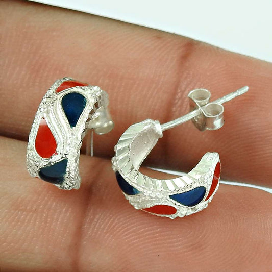 Hoop Enamel Earrings 925 Solid Sterling Silver Handmade Indian Jewelry G3