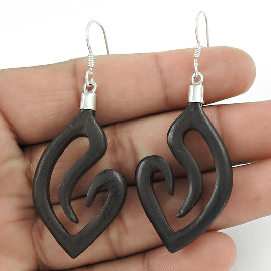 Handmade Christmas Gift Jewelry 925 Solid Sterling Silver Wooden Earrings N2