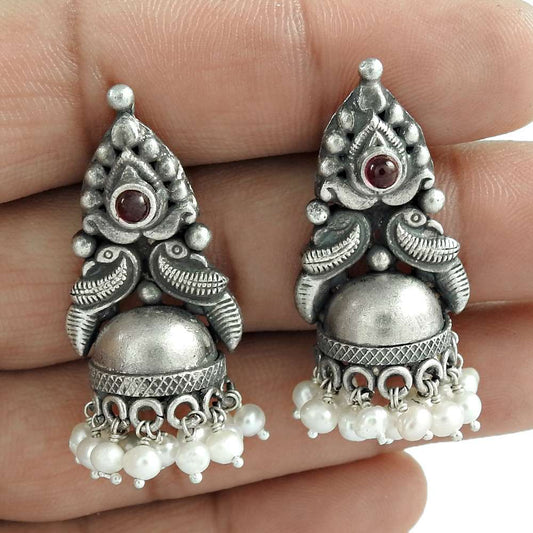 Garnet Pearl Gemstone Antique Oxidized Sterling Silver Jhumka Jewelry