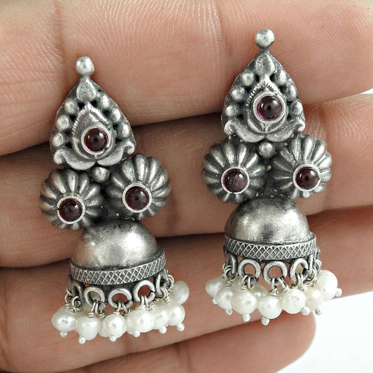Party Wear Garnet Pearl Gemstone Oxidized Sterling Silver Jhumki Ethnic Jewelry