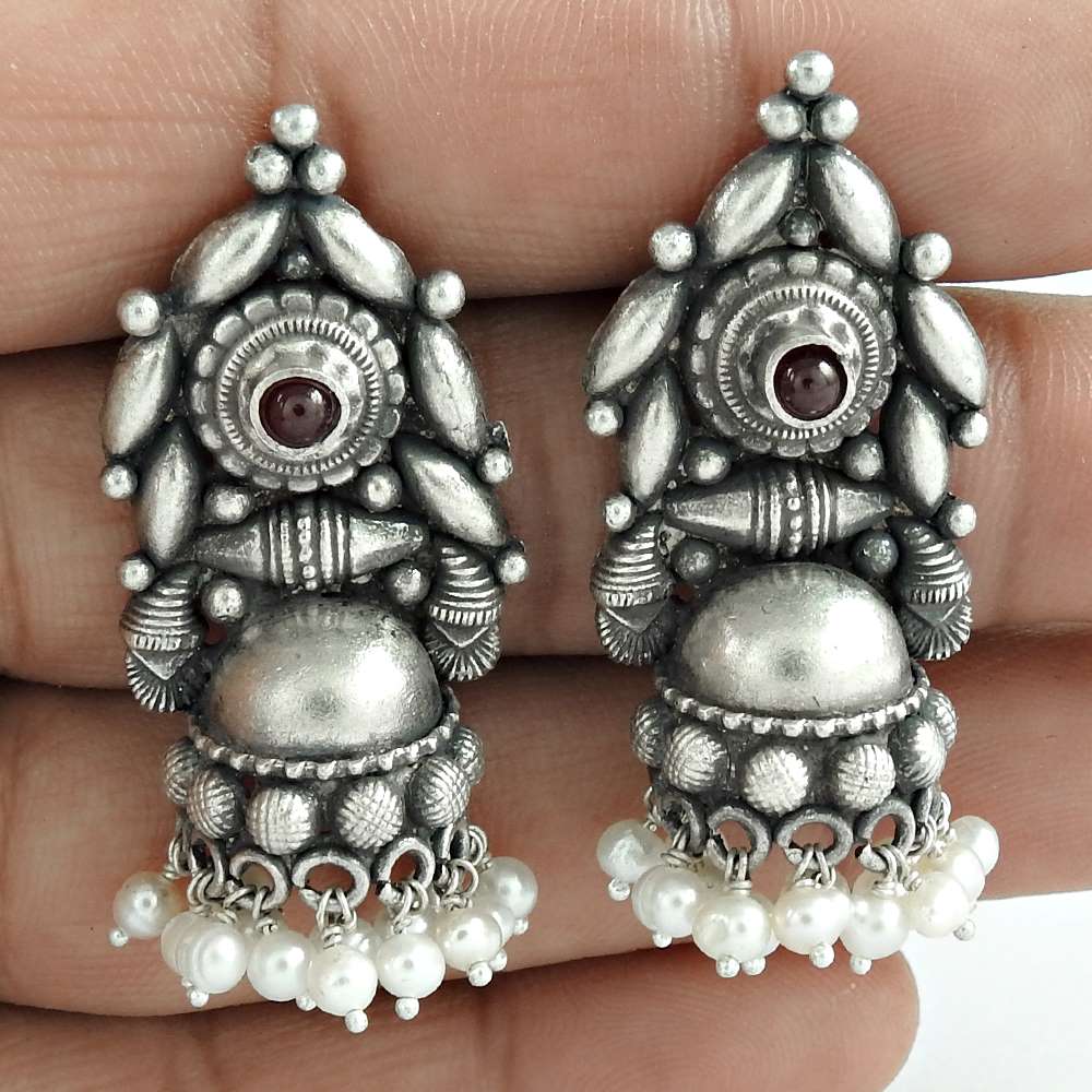 Beautiful Garnet Pearl Gemstone 925 Sterling Silver Jhumki Indian Jewelry