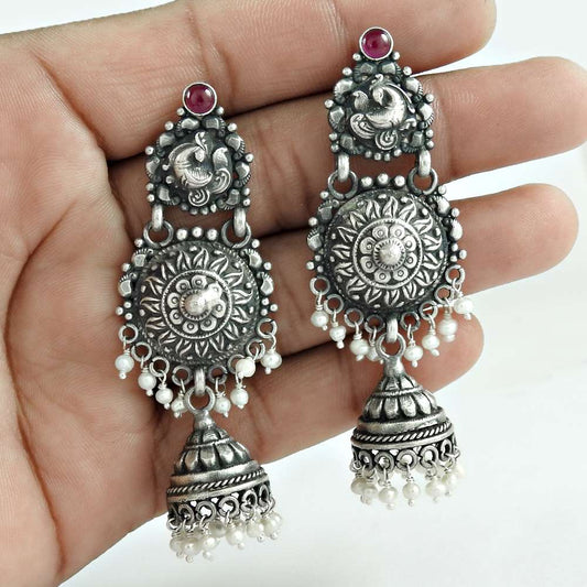 Latest Trend Ruby Pearl Gemstone 925 Sterling Silver Jhumki Vintage Jewelry