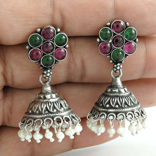 Designer Ruby Pearl Green Onyx Gemstone 925 Sterling Silver Jhumki Traditional Jewelry