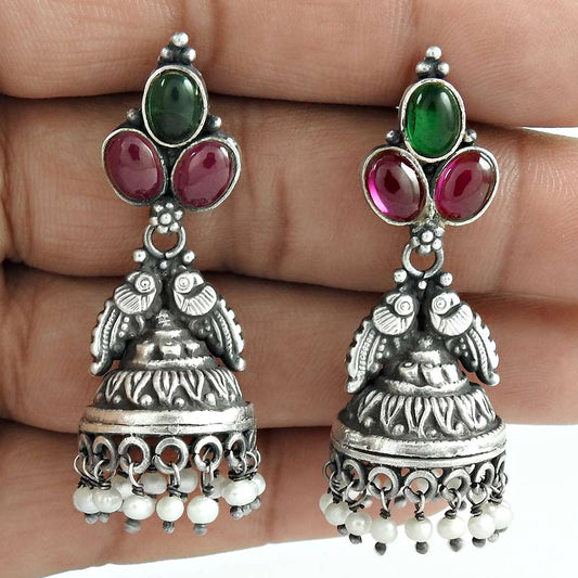 Party Wear Ruby Pearl Green Onyx Gemstone 925 Sterling Silver Jhumki Ethnic Jewelry