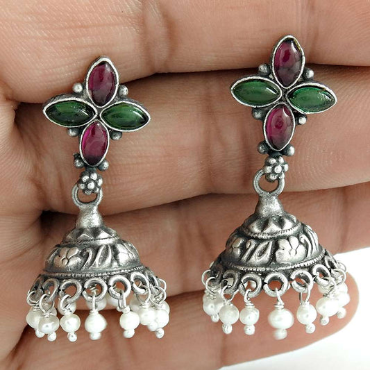 Pretty Ruby Pearl Green Onyx Gemstone 925 Sterling Silver Jhumki Jewelry