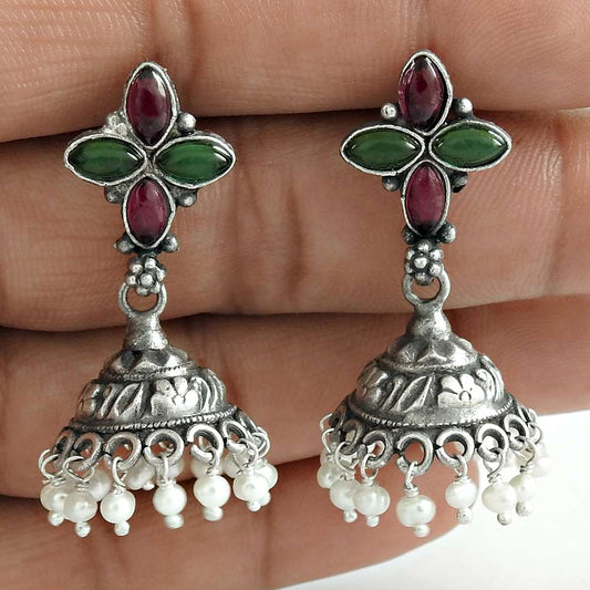 Lovely Ruby Pearl Green Onyx Gemstone 925 Sterling Silver Jhumki Vintage Jewelry