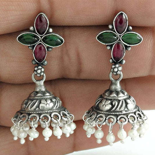 Scenic Garnet Pearl Green Onyx Gemstone 925 Sterling Silver Jhumki Jewelry