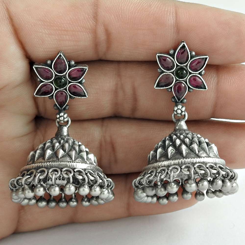Good-Looking Green Onyx Garnet Gemstone 925 Sterling Silver Jhumki Antique Jewelry