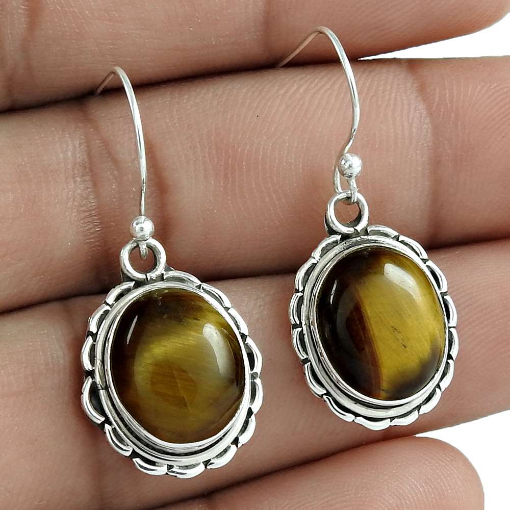 Gift For Her Natural Tiger'S Eye Dangle Bohemian Earrings 925 Silver A8