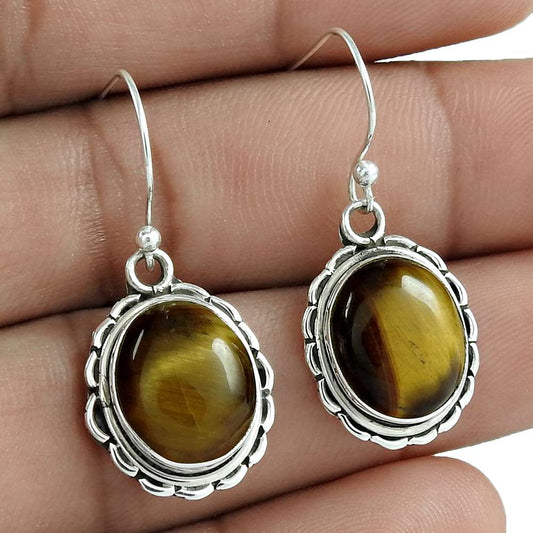 Gift For Her Natural Tiger'S Eye Dangle Bohemian Earrings 925 Silver A8