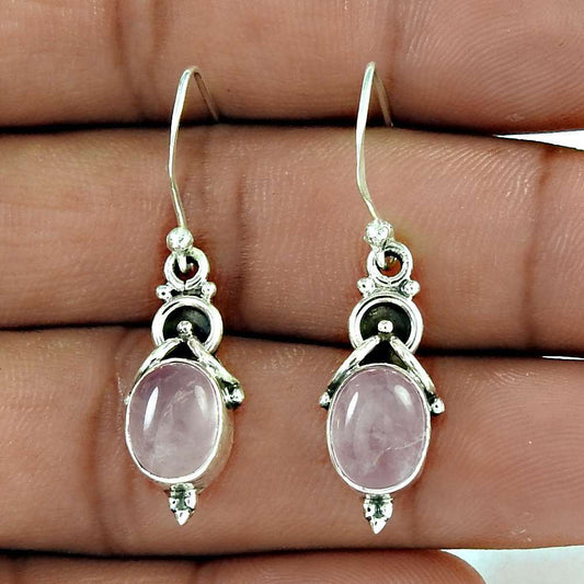 Natural Rose Quartz Gemstone Dangle Vintage Pink Earrings 925 Silver T35