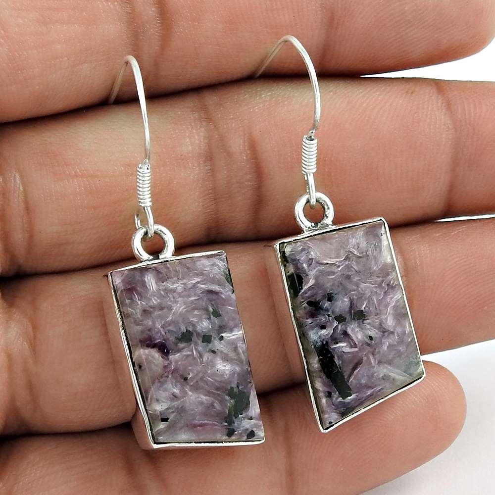 Gift For Women Dangle Tribal Earrings 925 Silver Natural Charoite W35