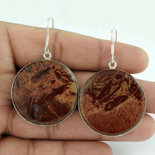 Natural Daynestic Jasper Dangle Bohemian Brown Earrings 925 Silver Y35