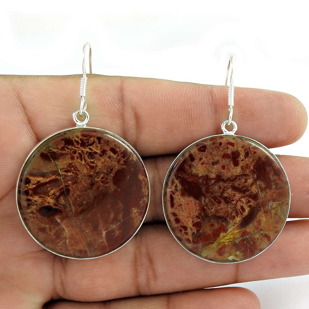 Gift For Her Natural Daynestic Jasper Dangle Vintage Earrings 925 Silver W3