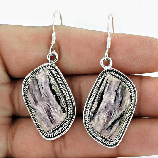 Natural Charoite Gemstone Dangle Ethnic Earrings 925 Silver For Girls G36