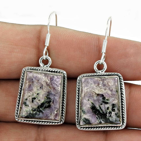 Natural Charoite Gemstone Earrings 925 Sterling Silver D6