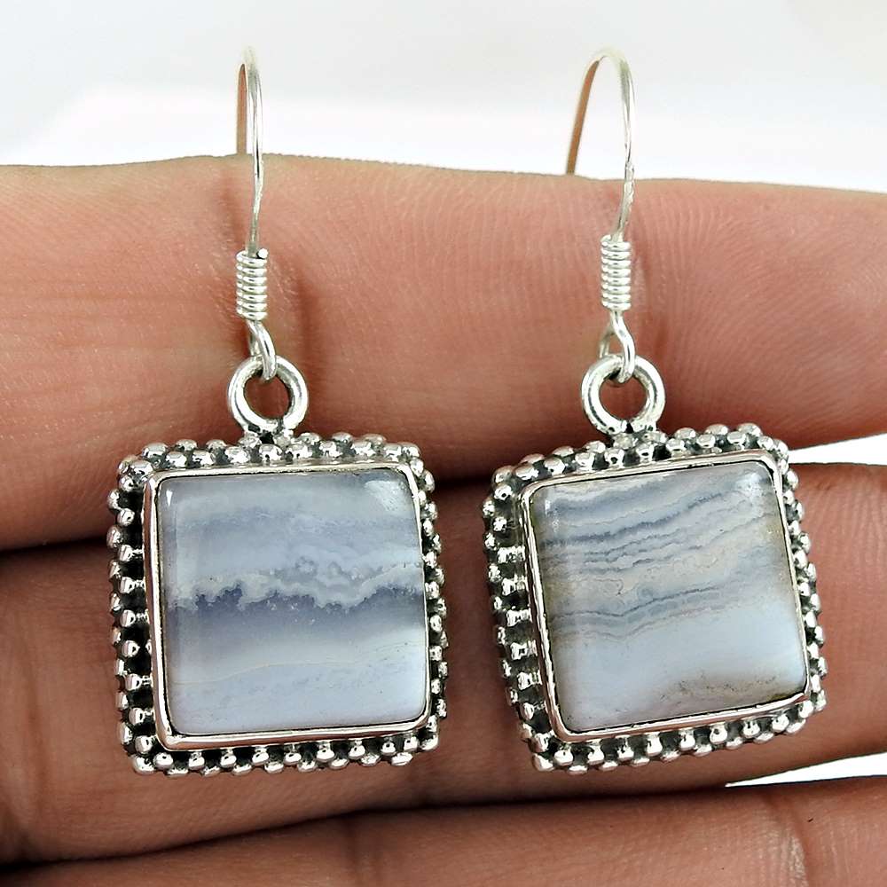 Natural Blue Lace Agate Gemstone Earrings 925 Sterling Silver E6