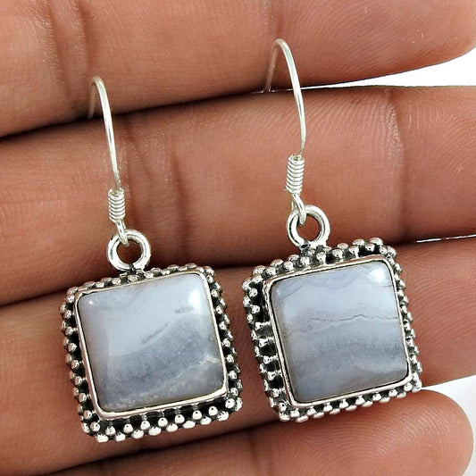 Natural Lace Agate Gemstone Blue Earrings 925 Sterling Silver F6