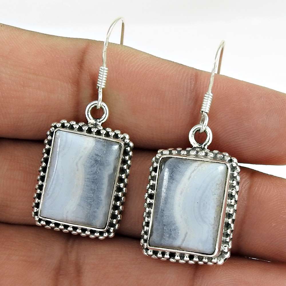 Natural Lace Agate Gemstone Dangle Vintage Blue Earrings 925 Silver M22
