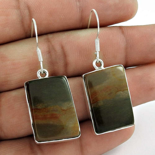 Birthday Gift For Her Natural Jasper Dangle Ethnic Earrings 925 Silver B19