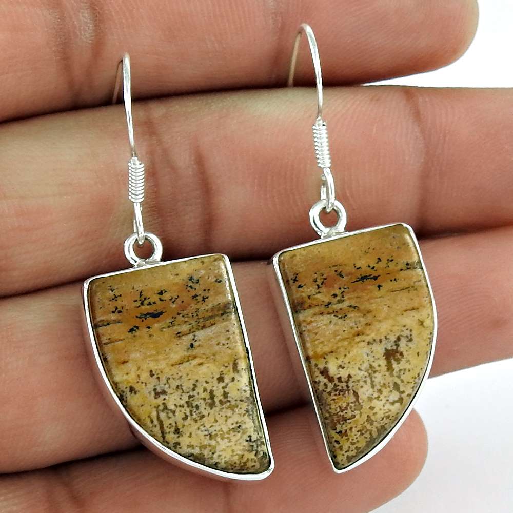 Gift For Her 925 Silver Natural Picture Jasper Dangle Bohemian Earrings A7