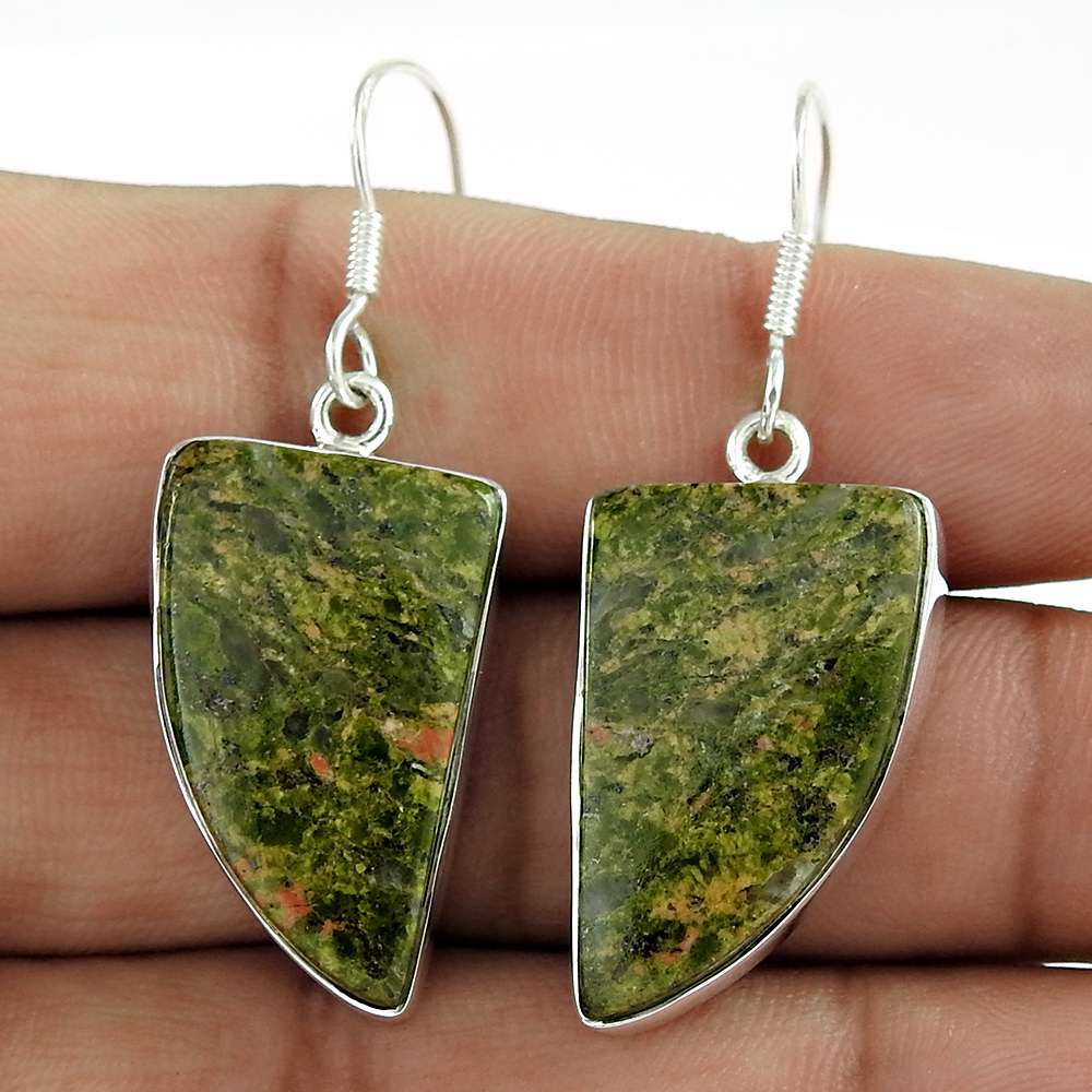 Natural Unakite Gemstone Dangle Earrings 925 Sterling Silver For Women U4