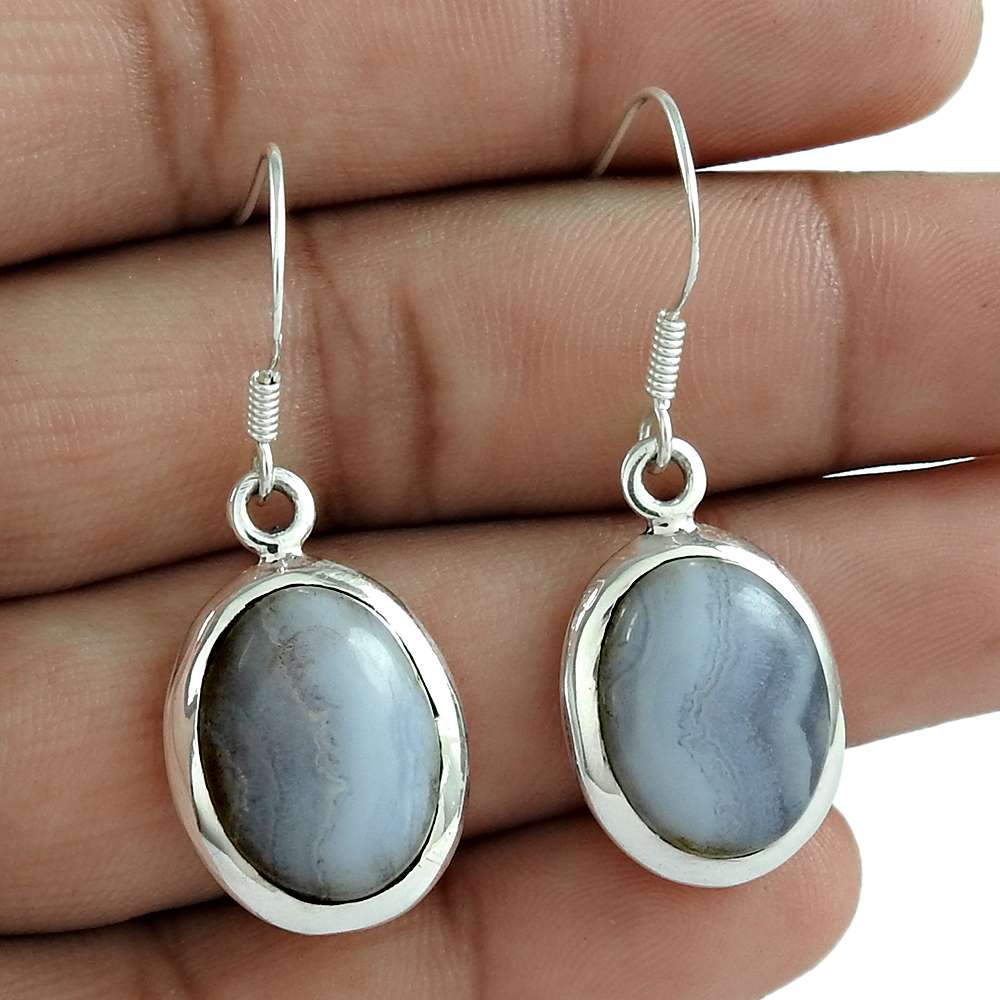Natural Blue Lace Agate 925 Silver Dangle Boho Earrings For Women I35