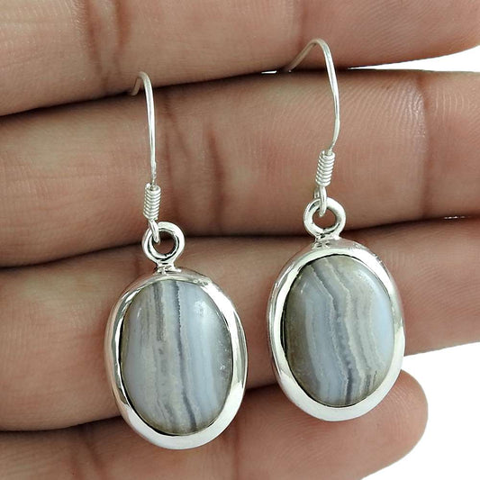 Gift For Her 925 Silver Natural Blue Lace Agate Dangle Boho Earrings H37