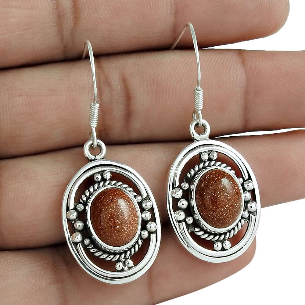 Natural Sun Sitara Gemstone Dangle Tribal Earrings 925 Silver For Girls A7
