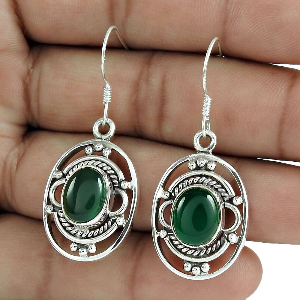 Gift For Her Natural Onyx Dangle Bohemian Earrings 925 Silver D32