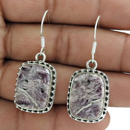Gift For Her 925 Silver Natural Charoite Dangle Bohemian Earrings J35