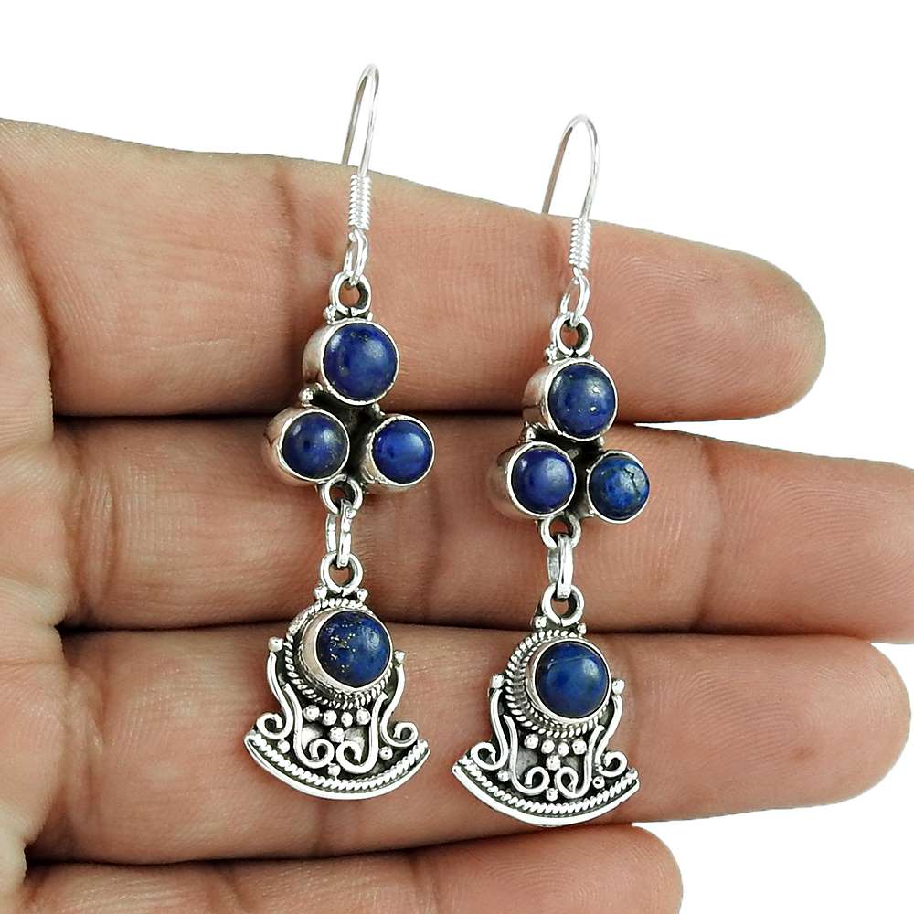 Natural Lapis Lazuli 925 Silver Dangle Ethnic Earrings For Women P37